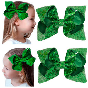 2 PCS 6 Inches Sequins Large Bows Alligator Hair Clip Hair Barrettes Accessories for Women Teens Girls Kids (Green)
