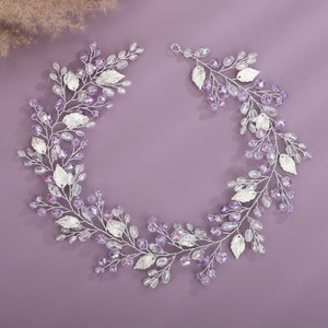 Teyglen Bridal Wedding Hair Vine Headband Silver Crystal Leaf Hair Pieces Handmade Blue Red Green Rhinestone Headpiece Hair Accessories for Women Bri