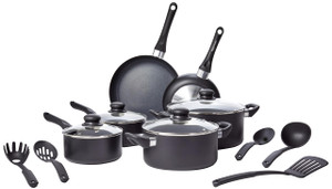 Amazon Basics Non Stick Kitchen Cookware 15-Piece Set, Non-Induction, Includes Pots, Pans, and Utensils, Black