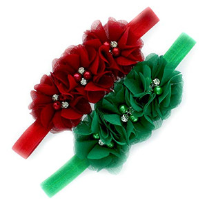 My Lello Girls Flower Headbands Toddler Fabric Beaded Trio Stretchy Elastic Pair (Red/Green)