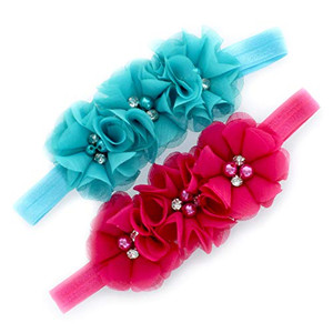 My Lello Girls Flower Headbands Toddler Fabric Beaded Trio Stretchy Elastic Pair (Fuchsia/Turquoise)
