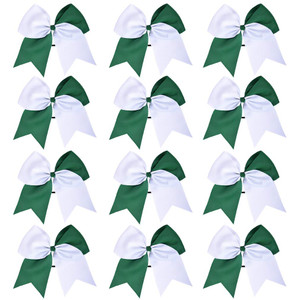 DEEKA 12PCS 8" Two Toned Large Cheer Hair Bows Ponytail Holder Handmade for Teen Girls Softball Cheerleader Sports-Forest Green/White