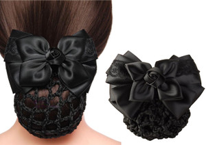 Women Bowknot Snood Net Barrette Hair Clip Bun Cover Hairnet Satin Bow Barrette French Hair Clips Ribbon Flower Hair Accessories for Stewardess Banks