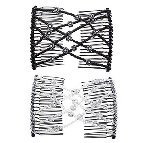 LOVEF 2Pcs Magic Hair Comb Clip for Women Girls Beaded Flower Barrette Hairpin Elastic Double Hair Combs Clips Hair Accessories