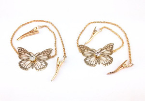 yueton 2pcs Fashion Ladies Rhinestone Gold Butterfly Chain Alligator Clips Barrettes Bobby Pin Hair Clips Bride Headwear Edge Clip Clamps Headbands