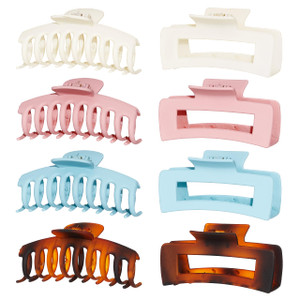 Large Claw Clips (4.3 inches) by Nicole Miller | Pack of 8 in 4 Colors with Square and Butterfly Styles, Blue, Cream, Tortoise Shell, and Pink | Stro