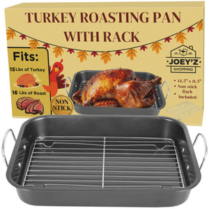 Non Stick Turkey Roasting Pan with Rack and Handles 14.5"x11.5" (Fits 15lb Turkeys) Turkey Roaster Pan