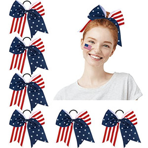 AnyDesign 6 Pack 4th of July Large Cheer Bows Patriotic Stars Stripes Satin Cheerleader Hair Bows with Elastic Ponytail Holder American Flag Hair Tie