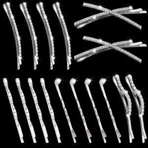 16 Pieces Silver Rhinestone Bobby Pins Set Delicate Decorative Fancy Crystal Hair Clips Shiny Fancy Metal Barrettes, I S X Shaped Diamond Hair Access