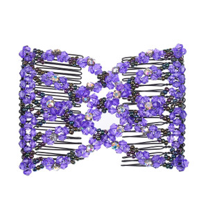 Lovef Crystal Bow Elastic Double Combs with Plastic Flowers Hair Clips, Hair Holder/Easy Comb (Purple)