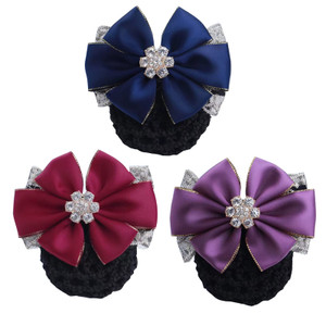 3 Pieces Premium Hair Barrette with Big Bowknot and Dimond Decorated Hair Clips with Snood Hair Snood with Clips Hair Clips with Big Bowknot for Girl