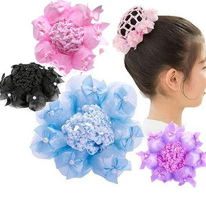 AsggBah 4pcs Solid Colors Hair Snoods with Flowers Deco Hair Net Bun Colors for Girls Hair Accessories for Dancers Skating(Pink+Black+Blue+Purple)