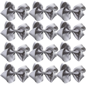 4 Inch Boutique Girls Hair Bows Hair Clips for Girls Toddlers 12 Pcs Solid Color (Silver)
