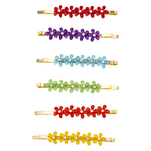 LUX ACCESSORIES Red Green Purple SkyBlue Yellow Orange Flowers Set of 6 Gold Tone Fashion Hair Pins