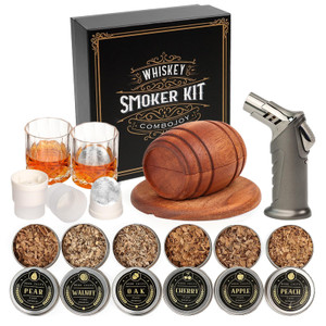 Whiskey Smoker Kit with Torch - 6 Flavors Wood Chips, 2 Glasses, 2 Ice Ball Molds - Cocktail Smoker Infuser Kit, Old Fashioned Drink Smoker Kit, Birt