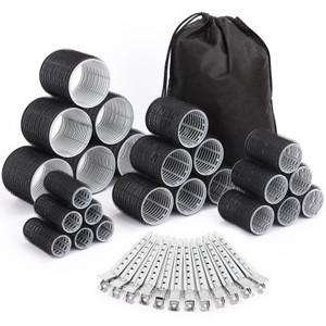 Selizo Hair Curlers 36 Pcs Set with 24Pcs Hair Curlers 4 Sizes and 12 Pcs Hair Clips for Long Medium Short Thick Hair, Black