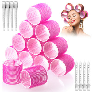 Jumbo Hair Curlers Rollers, 12Pcs 60mm Jumbo Hair Roller Curlers Self Grip Holding Rollers with 12Pcs Hair Clips for Long Straight Thick Hair (Rose R