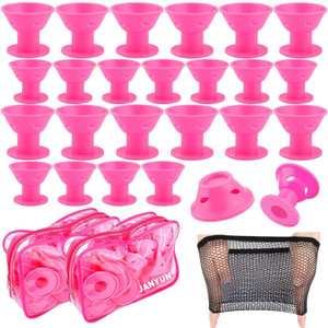 JANYUN 80 Pcs Magic Silicone Hair Rollers Overnight Curlers with Hairnet Include 40pcs Large Silicone Curlers 40pcs Small Silicone Curlers (pink)
