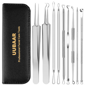 UUBAAR Blackhead Remover Tools, 9PCS Pimple Popper Tool Kit - Stainless Steel Pimple/Comedone Extractor & Tweezers for Acne/Zit Removal, Nose & Face