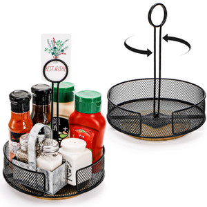 Yesland 2 Pack Metal Rotating Condiment Caddy with Number Card Holder, 7.75 Inch Round Table Caddy with Wooden Base Black Coated Table Caddies Collec