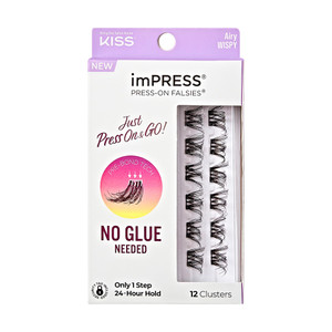 KISS imPRESS Falsies Press On Self Adhesive Eyelashes, 12mm-14mm Natural Volume Press On Lashes, Black, No Glue Needed, Invisible Band, 12 Lash Clust