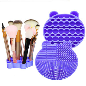 2 in 1 Silicone Makeup Brush Cleaning Pad and Brush Drying Storage Stand Holder - Remove Facial Makeup Naturally (Purple)