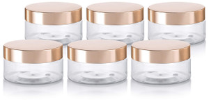 (6 Pack) 8 oz Clear Plastic Low Profile Wide Mouth Jar with Gold Metal Overshell Lid Refillable Empty Storage Containers