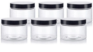 12 oz Clear PET Plastic Refillable Low Profile Jar with Black Smooth Lids (6 pack)