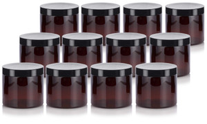 JUVITUS 16 oz Amber PET Plastic Refillable Jar With Black Smooth Lid (12 pack)