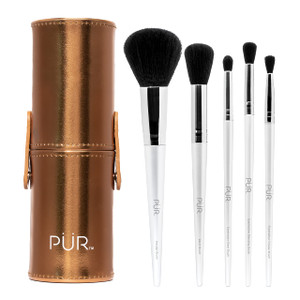 PUR MINERALS x CARE 5-Piece Makeup Brush Set with Holder Case - Professional Quality Makeup Brushes Includes Blush, Powder, Eyeshadow Base, Eyeshadow