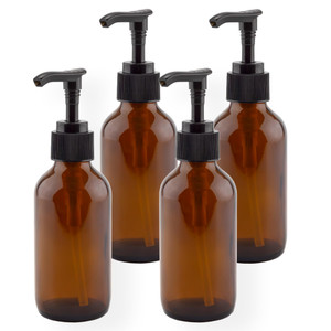Cornucopia Brands 4oz Amber Glass Pump Bottles (Pack of 4) Great for Lotions, Liquid Soap, Aromatherapy and More
