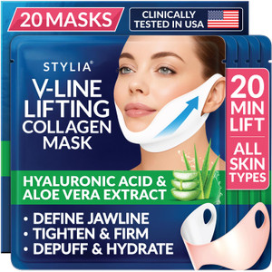 STYLIA V Line Lifting Collagen Face Mask - Lift, Firm & Contour Jawline - Double Chin Strap with Hyaluronic Acid & Aloe Vera - Hydrating Neck & Face