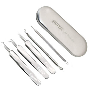 Blackhead Remover Kit - FEITA Blackhead Tweezers Removal Tool Kit Set - Acne Tweezers Pimple Comedone Extractor with Travel Case (5 Pcs)