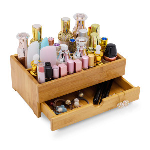 GOBAM Makeup Storage Drawer Organizer Bamboo Wood Cosmetic Display Box, Large Capacity Bathroom Beauty Countertop Organizer, Great for Bathroom Dress