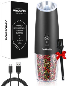 AmuseWit Gravity Electric Salt and Pepper Grinder Set of 2 [White Light] Battery Operated Automatic Pepper and Salt Mills with Light,Adjustable Coars
