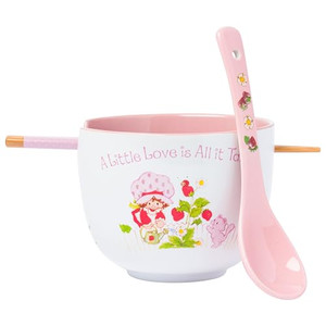 Silver Buffalo Strawberry Shortcake and Custard A Little Love is All it Takes Ceramic Ramen Bowl with Chopsticks and Spoon, 20 Ounces