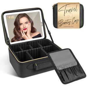 JUSRON Travel Makeup Bag With LED Mirror,Train Case with Light up Mirror, Portable Makeup Artist Organizer Bag with Adjustable Dividers (Black, Large