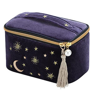 Handy cosmetic makeup bag,square Navy Velvet Embroidered Applique Moon Stars Sun Cosmetic Bag,High capacity Starry Makeup Pouch with Tassels & Pearl
