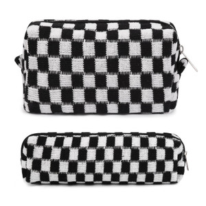 SOIDRAM Makeup Bag Checkered Cosmetic Bag Black Makeup Pouch 1Pcs Large Capacity Makeup Bags and 1Pcs Makeup Brushes Storage Bag Travel Toiletry Bag
