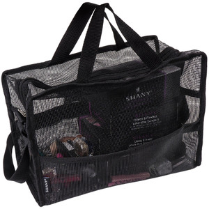 SHANY Collapsible Makeup Tools Travel Mesh Bag  Large See-Thru Travel Tote with Shoulder Straps  Water-Resistant with Zippered Pockets  Black
