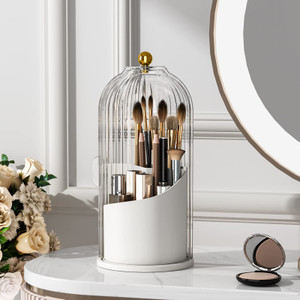 YOOLENS Makeup Brush Holder with Lid 360 Rotating Clear Dustproof Make Up Organizers for Vanity Bathroom Countertop, Transparent