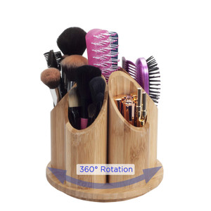 MobileVision Bamboo Circular Rotating Makeup Organizer, 5 Sections for Cosmetic Brushes, Lipsticks, Eye Liners, Accessories, Beauty Products & More