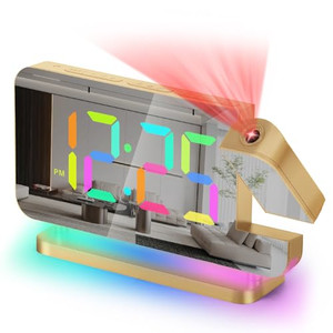 Poeroa Projection Alarm Clock for Bedroom,7.4" LED Mirror Digital Clock Large Display,with RGB Night Light,180° Rotatable Projector,USB C Port,Auto D
