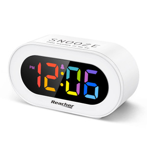 REACHER Small Colorful LED Digital Alarm Clock with Snooze, Simple to Operate, Full Range Brightness Dimmer, Adjustable Alarm Volume, Outlet Powered
