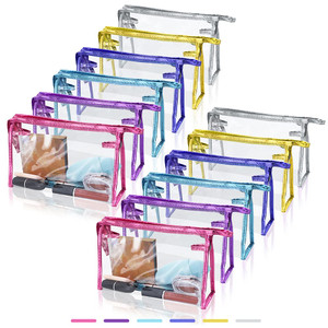 SITAKE 12 Pcs Portable Transparent Cosmetic Bags, Clear Waterproof Makeup Bags with Handle, PVC Travel Toiletry Bags Pouches, Clear Pencil Cases, Sta