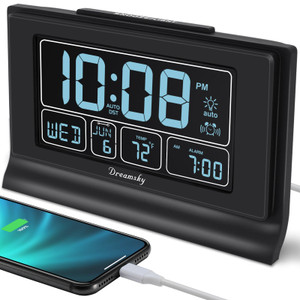 DreamSky Alarm Clocks for Bedrooms with Battery Backup, Auto Set Digital Clock with Date and Day of Week, Temperature, USB Port, Auto DST, Dimmer, 12