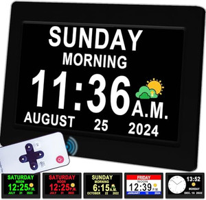 Véfaîî 2025 New, Digital Clock with Day Date 1280 * 800P HD, 19 Alarms Custom Reminders, 10 Levels Auto Dimmer Dementia Clock, 8 Display Colors, Auto