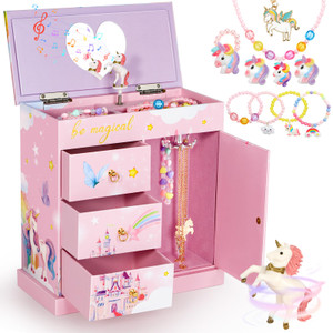 10Pcs Christmas Gift Musical Unicorn Jewelry Box for Girls Toys for Age 3, 4, 5, 6, 7, 8 Jewelry Set Kids with Spinning Musical Unicorn Box Necklace