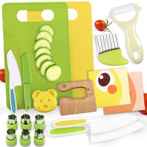 18 Pieces Montessori Kitchen Tools Cookware Baking Toy for Toddlers Kids, Toddler Safe Knife Set for Real Cooking, w/ Cutting Boards, Crinkle Cutter,