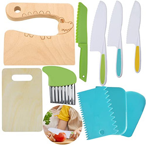 KOLODOGO 10 Pieces Wooden Kids Kitchen Knife Set, Including Safe Plastic Slicers, Cooking Knives, Cake Scraper, and Cute Rectangle Cutting Board